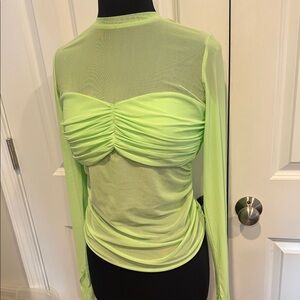 AFRM Neon Green Ruched Mesh Top